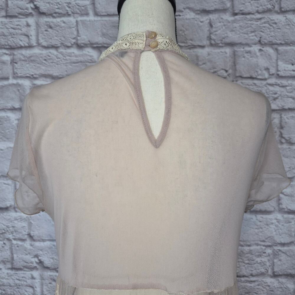 Rinascimento Beige Sheer Mesh Lace Embroidered Ruffle Mock Neck Midi Dress - Picture 8 of 10